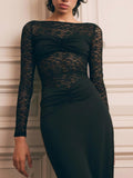Women's Lace Long Sleeve Ruched Bodycon Maxi Dress Perfect for Evening Events and Formal Occasions
