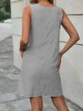 Womens Striped Sleeveless Square Neck Button Shoulder Casual Sundress with Pockets