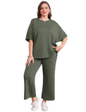 Women's 2-Piece Loungewear Outfit Set, Crew Neck Short Sleeve Curved Hem Top & Elastic Drawstring Wide Leg Pants