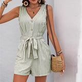 Womens Sleeveless Striped Romper, Casual V Neck Button Down Playset with Waist Tie, Summer Short Jumpsuit for Beach