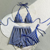 Women's Sweet Spicy Blue Striped Knit Three-Piece Swimsuit Set, Halter Neck Tie High Waist Shorts, Beach Vacation
