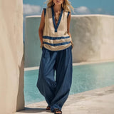 Womens 2 Piece V Neck Color Block Sleeveless Top and High Waist Wide Leg Pants Casual Vacation Set