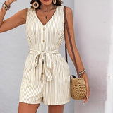 Womens Sleeveless Striped Romper, Casual V Neck Button Down Playset with Waist Tie, Summer Short Jumpsuit for Beach
