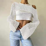 Women's Lightweight Crochet Crop Top Bell Sleeve for Beach and Daily Wear
