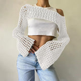 Women's Lightweight Crochet Crop Top Bell Sleeve for Beach and Daily Wear