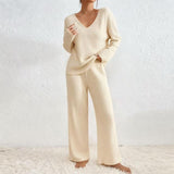 Women's V-Neck Loose Casual Ribbed Brushed Long Sleeved Set