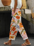 Women's Capri Pants with Pocket Linen Cotton Like High Waist Flowy Elastic Loose Fit Travel Summer Boho Gauze Pants