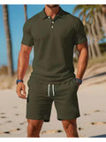 Men's Green Casual Polo Shirt and Shorts 2 Piece Set, Summer Short Sleeve Shirt with Elastic Waist Drawstring Shorts