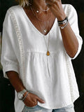 Women's White V-Neck Lace Trim Peplum Blouse with 3/4 Sleeves for Casual Bohemian Style