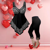 Women Plus Size 2 Piece Set, Sexy Lace Floral Print Cami Top & Capri Black Pants, Elegant Casual Matching Set