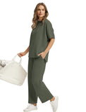Women's 2-Piece Loungewear Outfit Set, Crew Neck Short Sleeve Curved Hem Top & Elastic Drawstring Wide Leg Pants