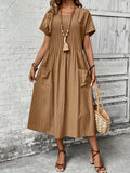 Women's Elegant Batwing Sleeve Dress - Directional Front Pleated Patch Pocket, Summer Casual Dress Loose Fit