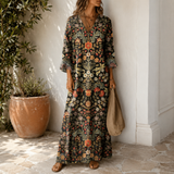Women's Boho Floral Print Maxi Dress, V Neck 3/4 Sleeve Loose Casual Long Dress with Pockets