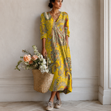 Women's Boho Floral Print Maxi Dress, V Neck 3/4 Sleeve Loose Casual Long Dress with Pockets