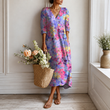 Women's Boho Floral Print Maxi Dress, V Neck 3/4 Sleeve Loose Casual Long Dress with Pockets
