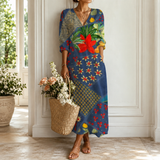 Women's Boho Floral Print Maxi Dress, V Neck 3/4 Sleeve Loose Casual Long Dress with Pockets