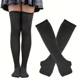 Striped Knee-High Socks with Knit Sleeves and Fingerless Gloves Polyester and Polyamide, Ideal for Vacation and Party Outfits