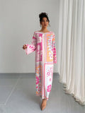 Elegant Long Sleeve Kaftan Dress with Eye-Catching Multicolor Abstract Patterns, Perfect for Party