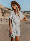 Women's Striped Print Twist-Front Short Sleeve Shirt Tunic with Side Slits for Casual Everyday Wear