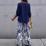 Women's 2 Piece Blue Elegant Long Sleeve V Neck Top Pullover and Floral Print Wide Leg Pants Set Vacation Matching Outfit
