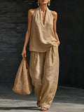 Women's Casual Halter Neck Sleeveless Top and Wide Leg Pants Slub Linen Two-Piece Set