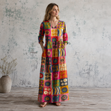 Women's Boho Floral Print Maxi Dress, V Neck 3/4 Sleeve Loose Casual Long Dress with Pockets