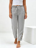 Women's Grey and White Striped Drawstring Waist Cropped Pants with Side Buttons and Pockets for Casual Everyday Wear