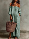 Women's Elegant Striped Off Shoulder Puff Sleeve Loose Fit Maxi Dress