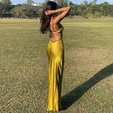 Women's Satin Solid Color Maxi Dress Deep V Backless Spaghetti Strap Bodycon Party Dress