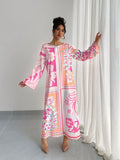 Elegant Long Sleeve Kaftan Dress with Eye-Catching Multicolor Abstract Patterns, Perfect for Party