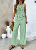 Women Two Piece Sets Boho Floral Dressy Casual Going Out Outfit Sleeveless Tiered Tank Top Wide Leg Pant Trendy Suit
