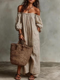 Women's Elegant Striped Off Shoulder Puff Sleeve Loose Fit Maxi Dress