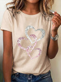 Womens Crew Neck Short Sleeve Overlapping Glitter Heart Print Casual T Shirt for Spring & Summer