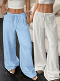 2pcs Women's Casual Solid Color Waist-Tie Pocket Wide-Leg Pants Set, Suitable for Casual Daily Wear and Vacation
