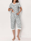 Capri Women's pajama set with V-neck short sleeved top and cropped pants pajama set with pockets