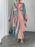 Women's Long Sleeve Print Maxi Dress, Elegant Casual Resort Style, Perfect for Vacation Wear