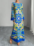 Women's Long Sleeve Print Maxi Dress, Elegant Casual Resort Style, Perfect for Vacation Wear