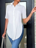 Womens Lapel Collar Button Down Short Sleeve Side Split Tunic Length Elegant Daily Office Wear Shirt
