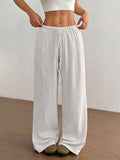 2pcs Women's Casual Solid Color Waist-Tie Pocket Wide-Leg Pants Set, Suitable for Casual Daily Wear and Vacation