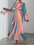 Women's Long Sleeve Print Maxi Dress, Elegant Casual Resort Style, Perfect for Vacation Wear