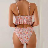 Women's Floral Print Ruffled Hem Scallop Trim High Waist Two Piece Bikini Set Perfect for Beach Vacation and Summer Wear