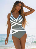 Women's Striped One-Piece Swimsuit, V-Neck Wrap Front Swimsuit for Beach Pool Wear