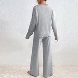 Women's V-Neck Loose Casual Ribbed Brushed Long Sleeved Set