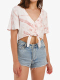 Women's Short Sleeve Floral Crop Top Casual Tie Front Boho Blouse