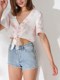 Women's Short Sleeve Floral Crop Top Casual Tie Front Boho Blouse