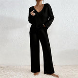 Women's V-Neck Loose Casual Ribbed Brushed Long Sleeved Set