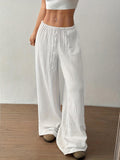 2pcs Women's Casual Solid Color Waist-Tie Pocket Wide-Leg Pants Set, Suitable for Casual Daily Wear and Vacation