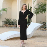 Women's Crochet Cover Up Dress Long Sleeve V Neck Hollow Out Beach Maxi Coverup for Swimwear