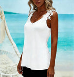 Women Chic Solid Color V-Neck Tank Top with Elegant Lace Shoulder Straps and Floral Applique Detail for Casual Attire