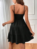 Women's Sweet Strappy Tiered Dress, Smocked Tiered Mini Dress with Spaghetti Straps for Summer and Beach